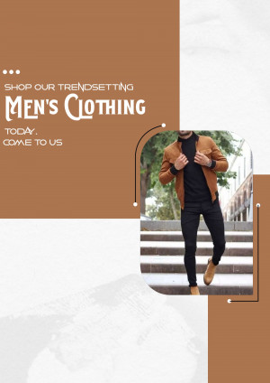 A stylish man wearing a brown jacket, black turtleneck, and black pants, promoting men's clothing.