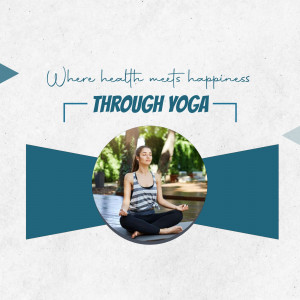 Woman meditating in a park with text overlay 'Where health meets happiness THROUGH YOGA'