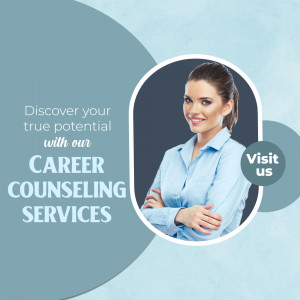 Woman in business attire promoting career counseling services