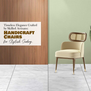 Elegant armchair with wooden frame and beige upholstery against a textured wall and marble floor.