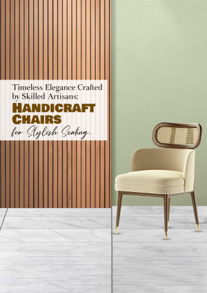 A stylish, handcrafted chair with a wooden frame and beige upholstery, positioned against a textured wooden wall and light grey tiled floor.