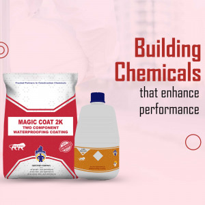 Image of Magic Coat 2K waterproofing coating products with branding and text 'Building Chemicals that enhance performance'.