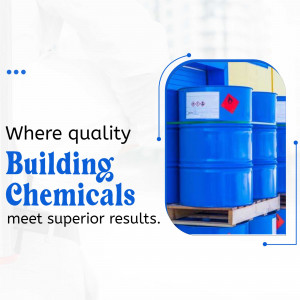 Blue chemical drums stacked on a pallet with text overlay 'Where quality Building Chemicals meet superior results.'