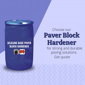 Blue plastic drum labeled 'Silicone Base Paver Block Hardener' with text promoting durable paving solutions.