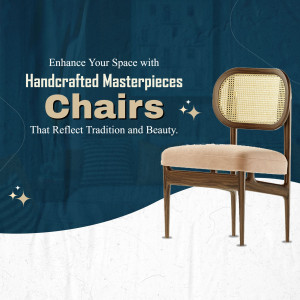 A promotional image featuring a beautifully handcrafted chair against a dark blue textured background.
