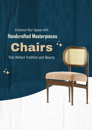 Elegant wooden chair with woven back and cushioned seat against a blue background.