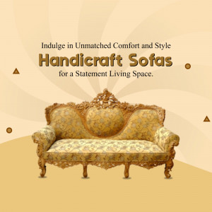 Ornate gold and cream sofa with text 'Handicraft Sofas' and 'Indulge in Unmatched Comfort and Style'