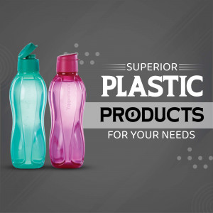 Two Tupperware bottles, one teal and one pink, against a dark grey gradient background with text 'Superior Plastic Products'