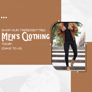 A stylish man wearing brown jacket and black pants walking on stairs, promoting men's clothing.