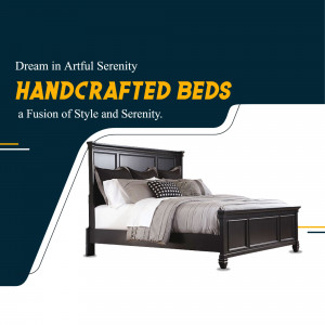 Dark wood handcrafted bed with white and grey bedding