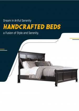 Elegant dark wood handcrafted bed with neutral bedding