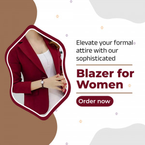 A promotional image featuring a woman in a red blazer with text advertising blazers for women.
