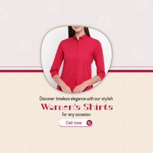 A woman wearing a red shirt with text promoting women's shirts.