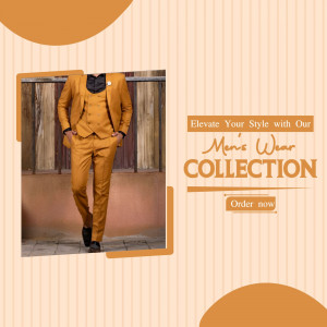A man wearing a stylish mustard-colored suit with a call to action to order now.