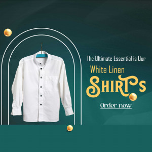 A white linen shirt hanging on a hanger with promotional text.