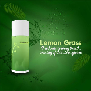 Close-up of a Lemon Grass air freshener spray bottle with water droplets and leaves.