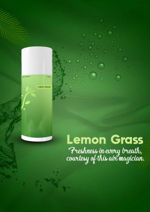 Lemon Grass Air Freshener product shot with green leaves and water droplets