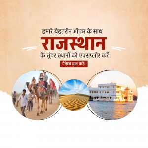 Rajasthan Tourism Advertisement with Camel Ride and Palace Images