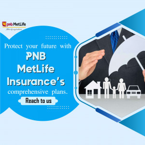 PNB MetLife Insurance advertisement featuring a family under an umbrella.