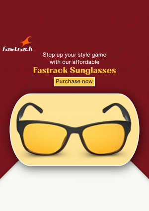 Advertisement for Fastrack sunglasses featuring a pair of sunglasses and the tagline 'Step up your style game with our affordable Fastrack Sunglasses'