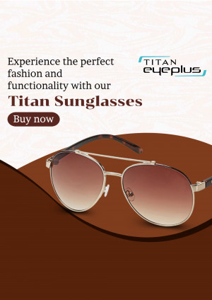 Titan Eyeplus sunglasses with a brown and gold gradient background and a 'Buy Now' button.