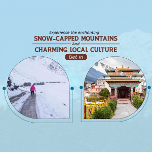 Image of snow-capped mountains and a traditional building, promoting travel and cultural experience.