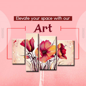 Four panel floral art print with red and yellow poppies on a beige background