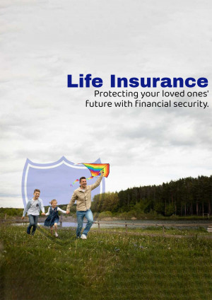 Family running with a kite under a cloudy sky, representing life insurance protection.