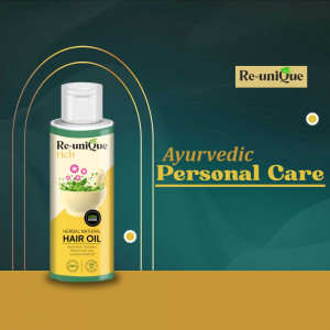 Re-unique Rich Ayurvedic Hair Oil bottle with floral design and text 'Ayurvedic Personal Care'