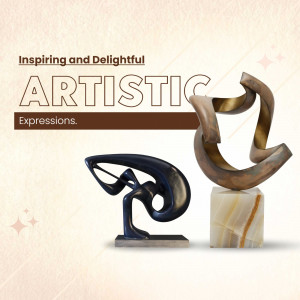Two abstract sculptures, one dark blue and one bronze, on white marble bases.