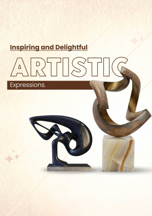 Modern art sculpture on a marble base with text overlay