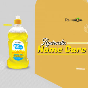 Bottle of Re-unique Ayurvedic Dish Wash with a sponge and text 'Ayurvedic Home Care'
