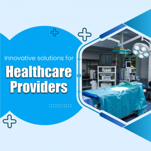 Modern operating room with medical equipment and text promoting healthcare solutions.