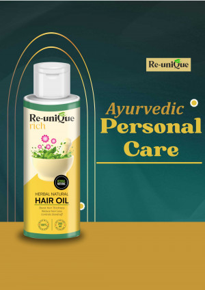 Re-unique Rich Ayurvedic Hair Oil bottle with floral design and text.