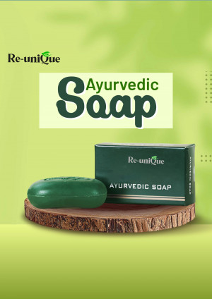 Close-up of Re-uniQue Ayurvedic Soap on a wooden surface