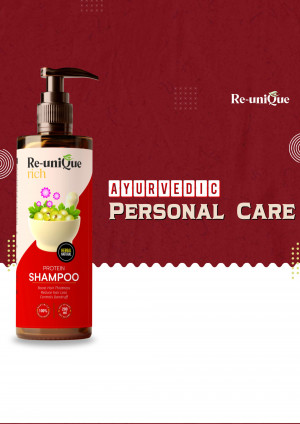 Re-unique Ayurvedic Protein Shampoo bottle with floral design and text.