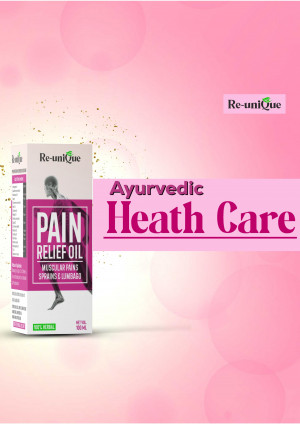 Ayurvedic Pain Relief Oil bottle with promotional text