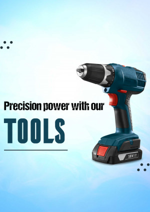 Blue and black power drill with battery pack on a light blue background with text.