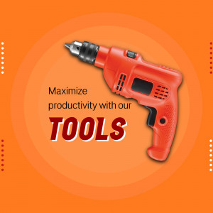 Red electric drill on an orange background with text promoting tools.