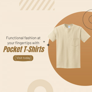 Beige pocket t-shirt on a beige and brown background with promotional text.