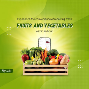 Image of a wooden crate overflowing with fresh fruits and vegetables with a smartphone displaying an online grocery app.