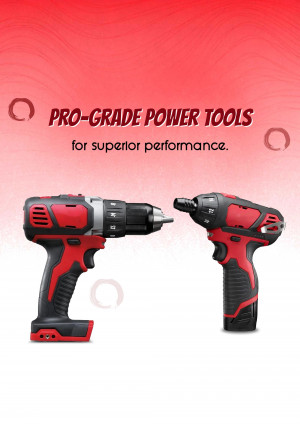 Red and black power drills with the text 'Pro-Grade Power Tools'
