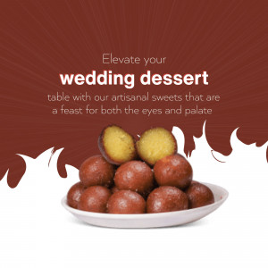 A plate of Gulab Jamun with a red and white background, promoting wedding desserts.