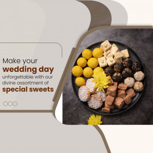 A black plate filled with a colorful assortment of Indian sweets, with text promoting wedding day treats.