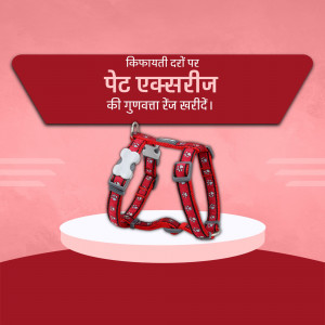 Red dog harness with bone-shaped buckle displayed on a white platform