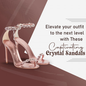 Close-up of rose gold crystal-embellished sandals on a maroon background with promotional text.