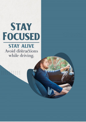 A man driving a car with a message about avoiding distractions.