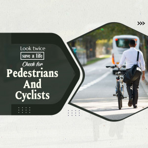 A cyclist riding on a road with a message to check for pedestrians and cyclists.