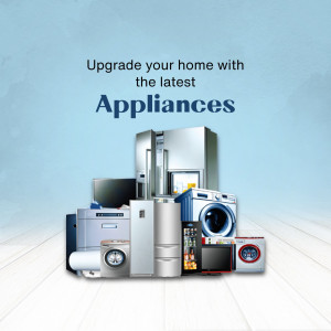 A collection of modern home appliances including a refrigerator, washing machine, dishwasher, oven, and television.