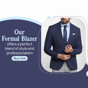 Man wearing a navy blue formal blazer with a light blue shirt and tie